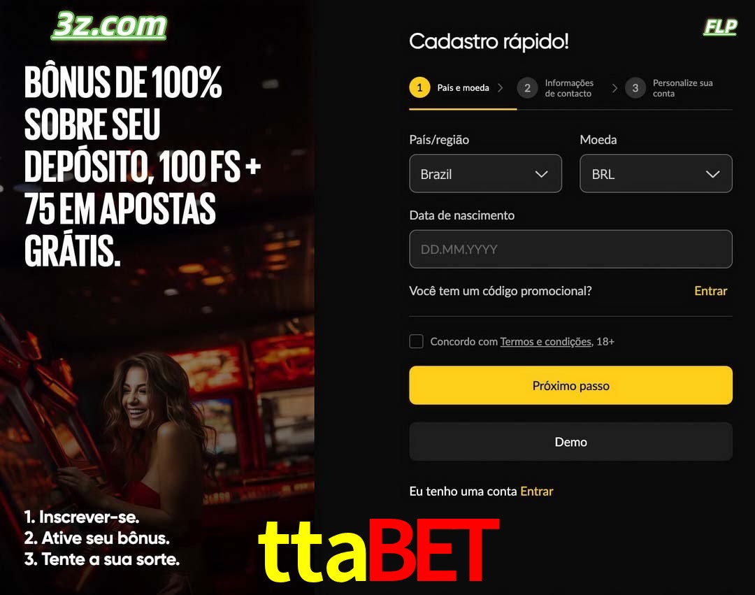 ttabet registro oficial cassino online Brasil com bônus de depósito e free spins